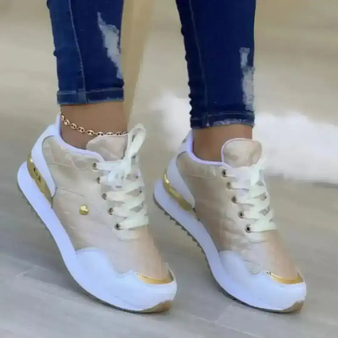 Discreet Shoes Women’s Fashion Sneakers – Gold & White 2026